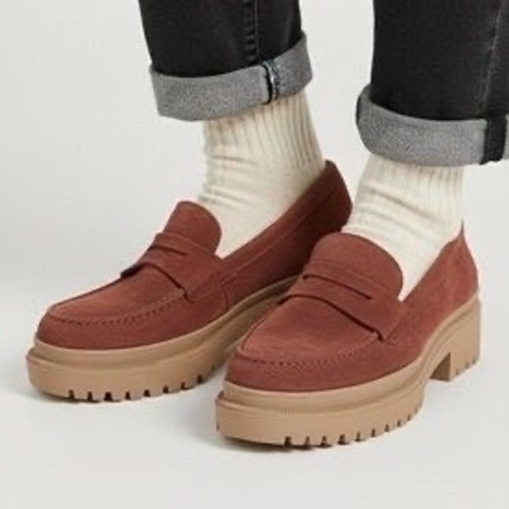 Patina Handmade Terracotta Suede Chunky Lug Sole Penny Loafers Rust Red Size 6.5